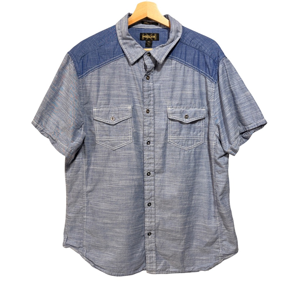 Helix Chambray Western Shirt Mens XL Blue‎ Short Sleeve Casual Ranchwear Skater